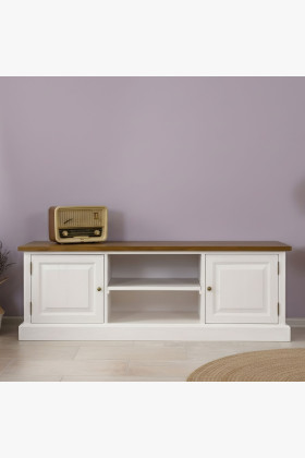 Fa TV komód provence-i stílusú, tömör fenyő, fehér-barna, 165 cm